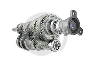 Automotive transmission gearbox Gears inside on white background 3d render without shadow