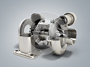 Automotive turbocharger turbine 3d render on grey photo