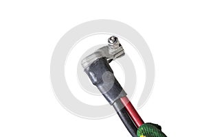 Automotive wiring harness with positive battery terminal and squib for disconnection in case of an accident. Vehicle red and black