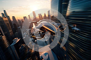 Autonomous aerial vehicle flying over the city of New York at sunset. Aerial transportation. Ai Generative illustration