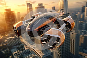 Autonomous aerial vehicle flying over the city of New York at sunset. Aerial transportation. Ai Generative illustration