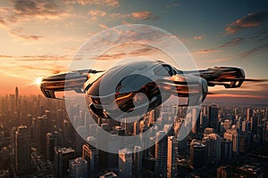 Autonomous aerial vehicle flying over the city of New York at sunset. Aerial transportation. Ai Generative illustration