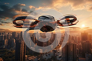 Autonomous aerial vehicle flying over the city of New York at sunset. Aerial transportation. Ai Generative illustration