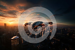 Autonomous aerial vehicle flying over the city of New York at sunset. Aerial transportation. Ai Generative illustration