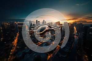 Autonomous aerial vehicle flying over the city of New York at sunset. Aerial transportation. Ai Generative illustration