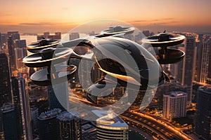 Autonomous aerial vehicle flying over the city of New York at sunset. Aerial transportation. Ai Generative illustration