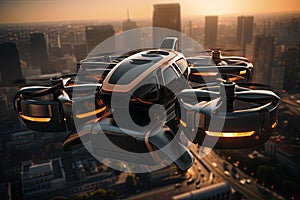 Autonomous aerial vehicle flying over the city of New York at sunset. Aerial transportation. Ai Generative illustration