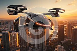 Autonomous aerial vehicle flying over the city of New York at sunset. Aerial transportation. Ai Generative illustration