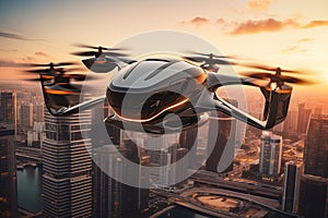 Autonomous aerial vehicle flying over the city of New York at sunset. Aerial transportation. Ai Generative illustration