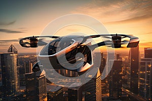 Autonomous aerial vehicle flying over the city of New York at sunset. Aerial transportation. Ai Generative illustration