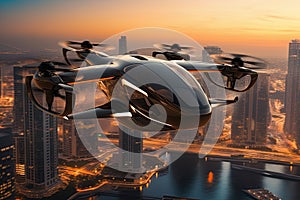 Autonomous aerial vehicle flying over the city of New York at sunset. Aerial transportation. Ai Generative illustration