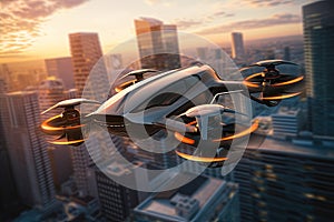 Autonomous aerial vehicle flying over the city of New York at sunset. Aerial transportation. Ai Generative illustration