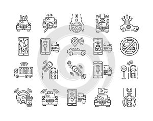 Autonomous black color line icons set. Self driving concept. Driverless auto. Pictograms for web page, mobile app, promo