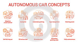 Autonomous car concept icons set. Car robotic features. Driverless vehicles. Electronic technology in safe driving idea