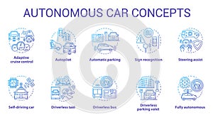 Autonomous car concept icons set. Car robotic features. Driverless vehicles. Electronic technology in safe driving idea