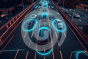 Autonomous car driving on road and sensing systems, driverless car, self-driving vehicle interaction