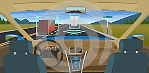Autonomous car. Feature vehicles new smart computer technology for safety driving sensors systems hud visual vector