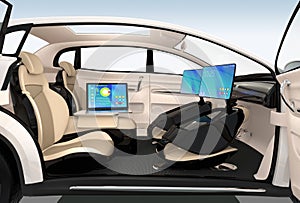 Autonomous car interior design. Concept for new business work style when moving on the road