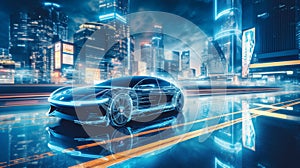 autonomous car navigates through a labyrinthine network of glowing roads in a futuristic metropolis, AI generated