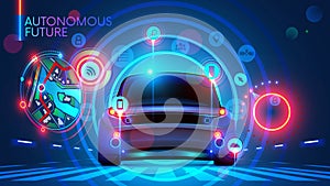 Autonomous Car on road wireless communication with smart city infrastructure. self driving or driverless vehicle technology