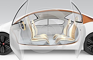 Autonomous car's interior concept. The car offer folding steering wheel, rotatable passenger seat