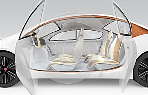 Autonomous car's interior concept. The car offer folding steering wheel, rotatable passenger seat