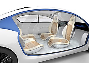 Autonomous car's interior concept. The car offer folding steering wheel, rotatable passenger seat