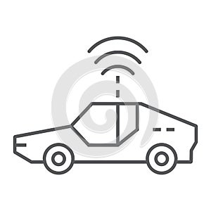 Autonomous car thin line icon, technology and future car, self driving sign, vector graphics, a linear pattern on a