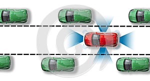 Autonomous car top view. Self driving vehicle with radar sensing system. Driverless automobile on road.