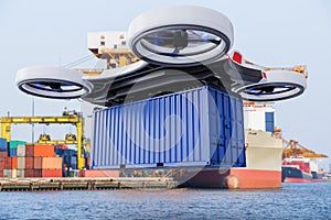 Autonomous cargo drone delivering container, Future transportation and logistic concept