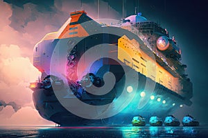autonomous cargo ship docking at futuristic spaceport, with colorful lights and futuristic architecture