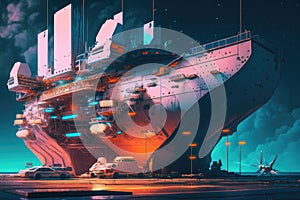 autonomous cargo ship docking at futuristic spaceport, with colorful lights and futuristic architecture