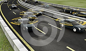 Autonomous cars on a road with visible connection