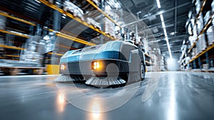 Autonomous cleaning robot working in modern warehouse