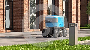 Autonomous delivery robot drives along the street