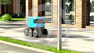 Autonomous delivery robot drives along the street