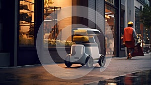 Autonomous delivery robot on the street, the concept of intelligent vehicle technology, 3d rendering.