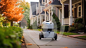 Autonomous delivery robot on the street, the concept of intelligent vehicle technology, 3d rendering.