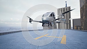 Autonomous driverless aerial vehicle fly across city, 3d render