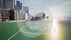 Autonomous driverless aerial vehicle fly across city, 3d render