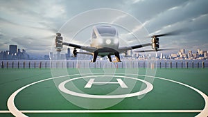 Autonomous driverless aerial vehicle fly across city, 3d render