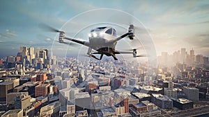 Autonomous driverless aerial vehicle fly across city, 3d render