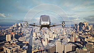 Autonomous driverless aerial vehicle fly across city, 3d render