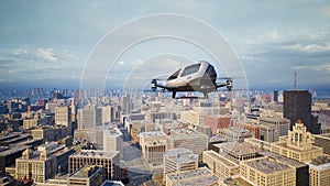 Autonomous driverless aerial vehicle fly across city, 3d render