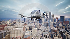 Autonomous driverless aerial vehicle fly across city, 3d render