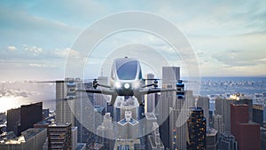 Autonomous driverless aerial vehicle fly across city, 3d render