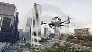 Autonomous driverless aerial vehicle fly across city, 3d render