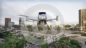 Autonomous driverless aerial vehicle fly across city, 3d render