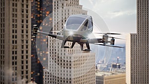 Autonomous driverless aerial vehicle fly across city, 3d render photo