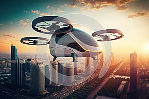 Autonomous driverless aerial vehicle flying on city background Future transportation Generative AI